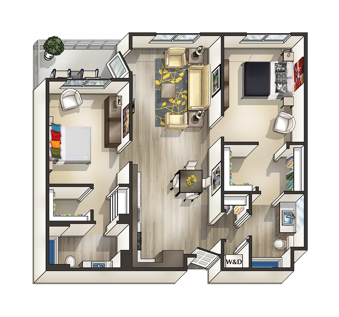 Floor plan for 2 beds, 2 baths, 1045 sqft